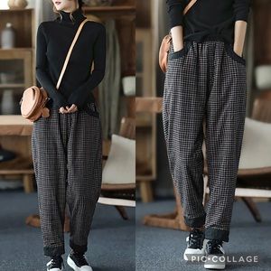 BUYKUD Cotton Linen Plaid Pull On Elastic Waist Thick Pants Size L